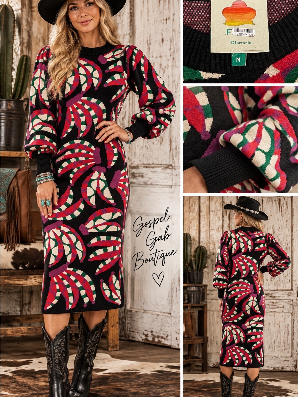 Farm Rio Banana Print Knit Midi Dress Size M Black Puff Sleeve Statement Dress